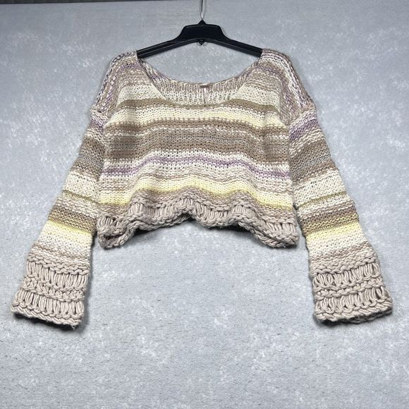 Free People Sweater Small Buttercream Limbo Cropped Striped Crochet Crop Knit - Picture 1 of 12
